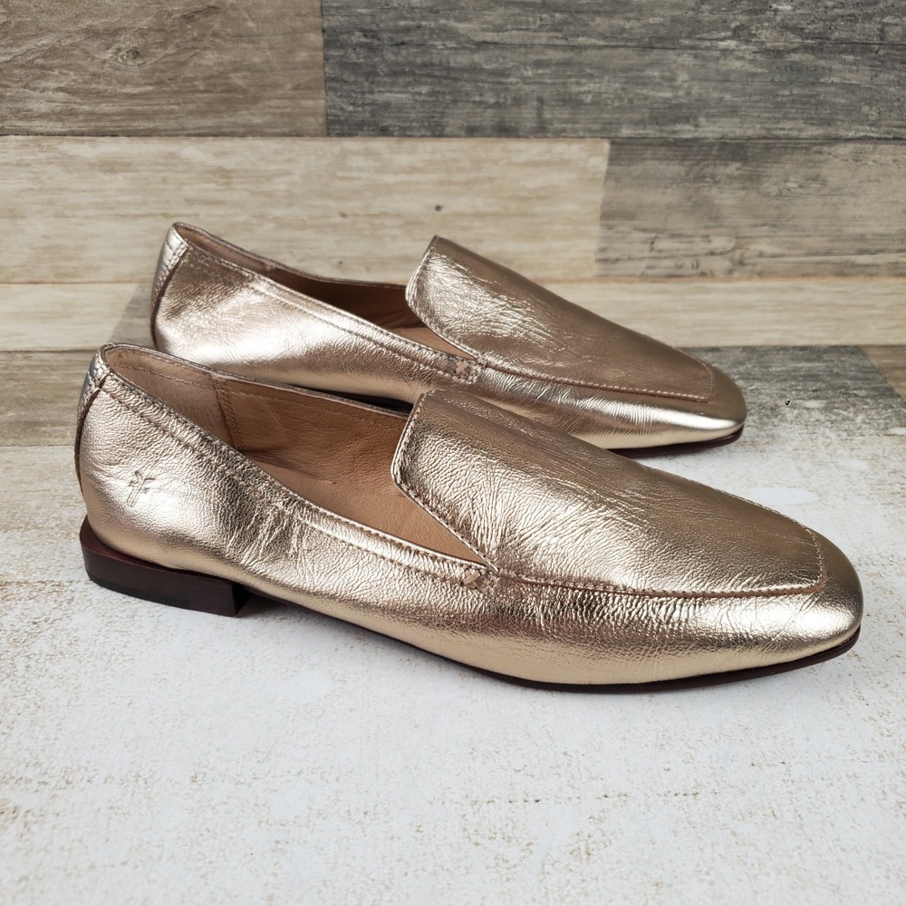 Frye Claire Venetian Womens Loafers Sz 7.5 M Metallic Gold Leather Square Toe